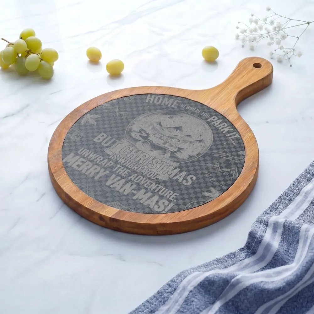 14419145811546788759_2048.jpeg "Gift" Engraved Oak Charcuterie Board with Cheese Tools — "Home Is Where You Park It-But Christmas Is Where You Unwrap The Adventure - Merry Van-mas"