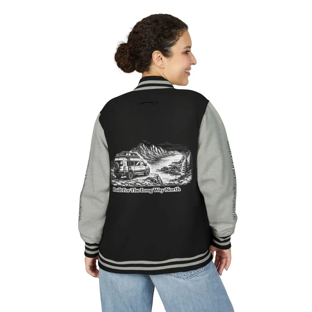 14428129419101817843_2048.jpeg Unisex Heavyweight Letterman Jacket — "Built For The Long Way North" Travel Varsity Coat