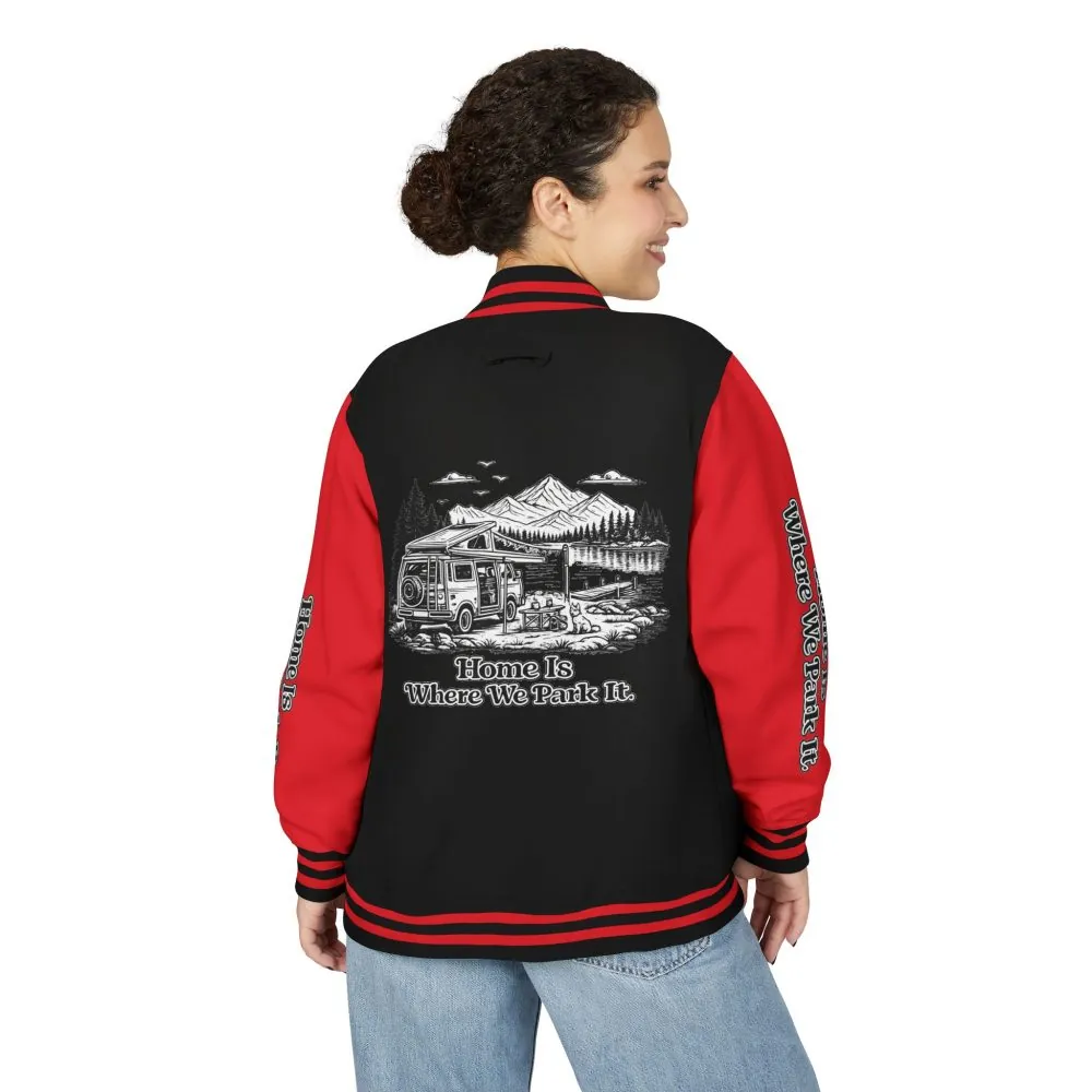 14467642605673597594_2048.jpeg Unisex Heavyweight Letterman Jacket — "Home Is Where You Park It" Travel Varsity Coat