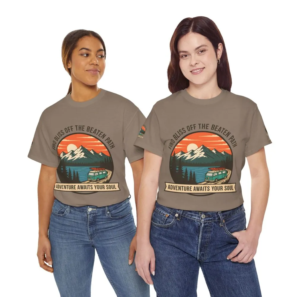 Unisex Heavy Cotton Tee — "Find Bliss Off the Beaten Path" Mountain & Camper T‑Shirt