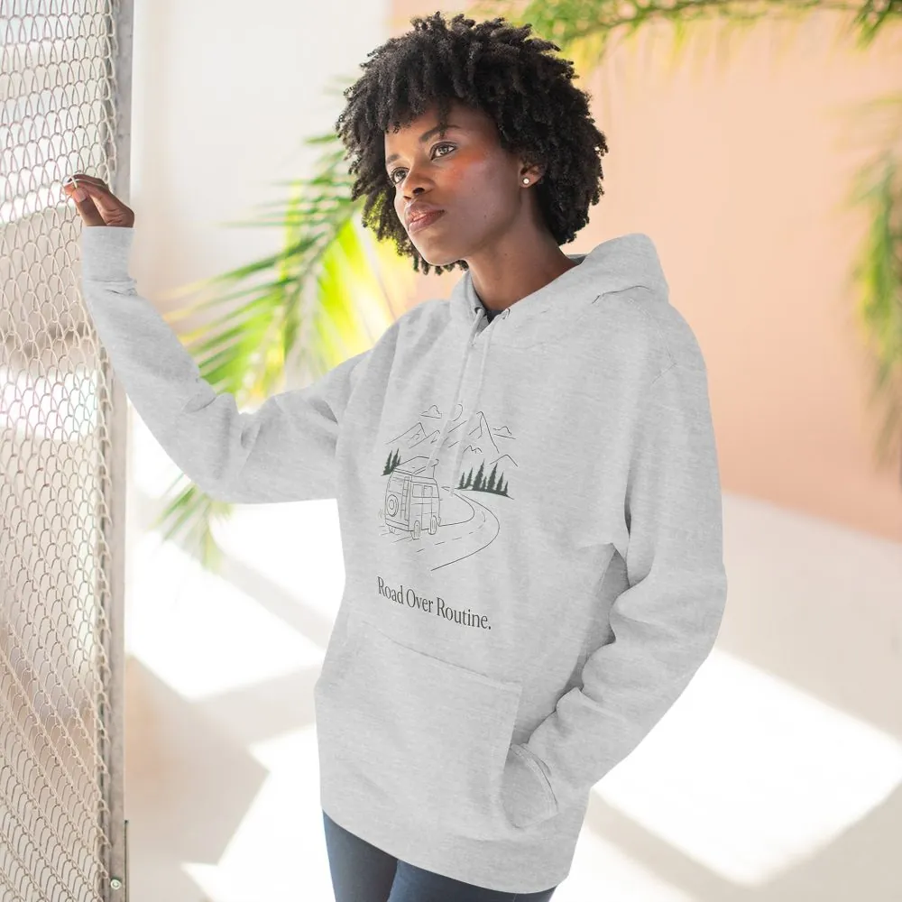 Three-Panel Fleece Hoodie - "Road Over Routine" Design Minimal-Line