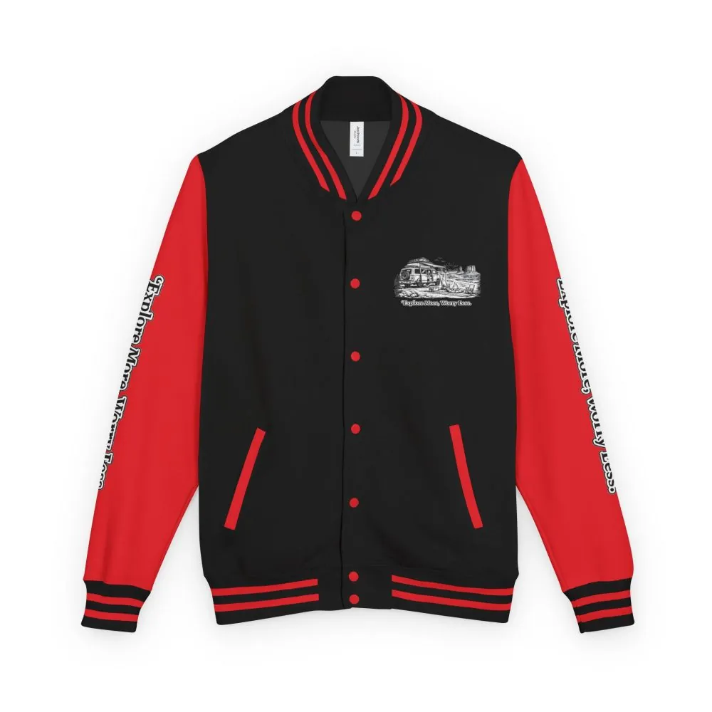 14555822381259353452_2048.jpeg Unisex Heavyweight Letterman Jacket — "Explore More Worry Less" Travel Varsity Coat