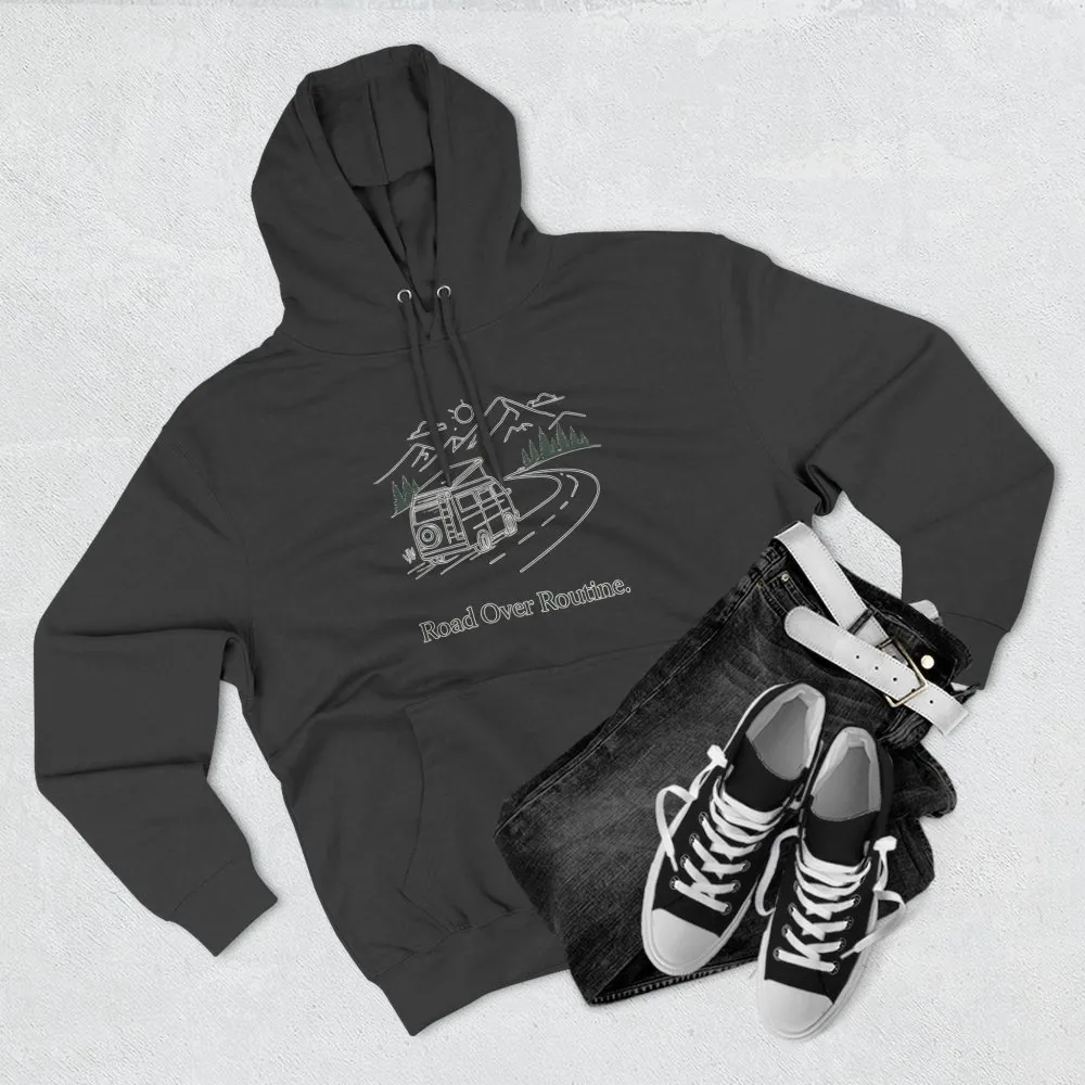 Three-Panel Fleece Hoodie - "Road Over Routine" Design Minimal-Line