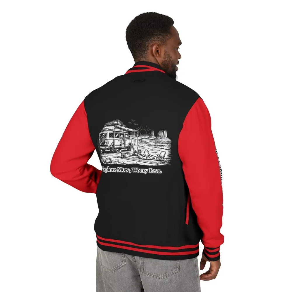 14606102904217784960_2048.jpeg Unisex Heavyweight Letterman Jacket — "Explore More Worry Less" Travel Varsity Coat