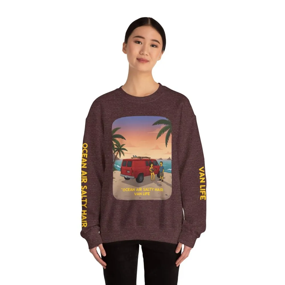Unisex Heavy Blend™ Crewneck Sweatshirt — "Ocean Air Salty Hair Van Life" Design Sitcom-Line