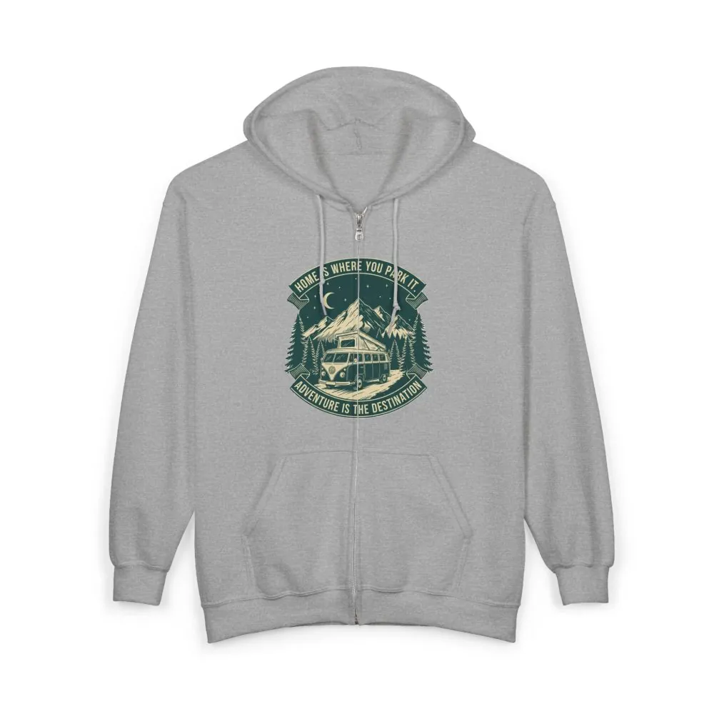 14657297104290365033_2048.jpeg Zip Hoodie — "Home Is Where You Park It-Adventure is the destination"(Front + Back Printed) Camper Van Adventure Zip-Up