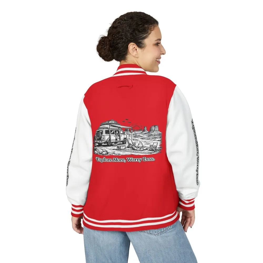 14666701350767190553_2048.jpeg Unisex Heavyweight Letterman Jacket — "Explore More Worry Less" Travel Varsity Coat