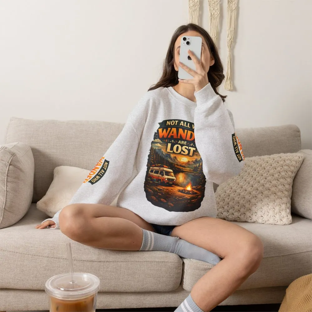 Unisex Heavy Blend™ Crewneck Sweatshirt — "Not All Who Wander Are Lost" Design Scenic-Line