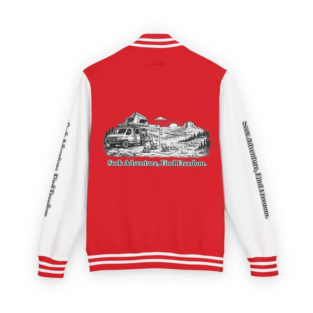 Unisex Heavyweight Letterman Jacket — "Seek Adventure, Find Freedom" Travel Varsity Coat