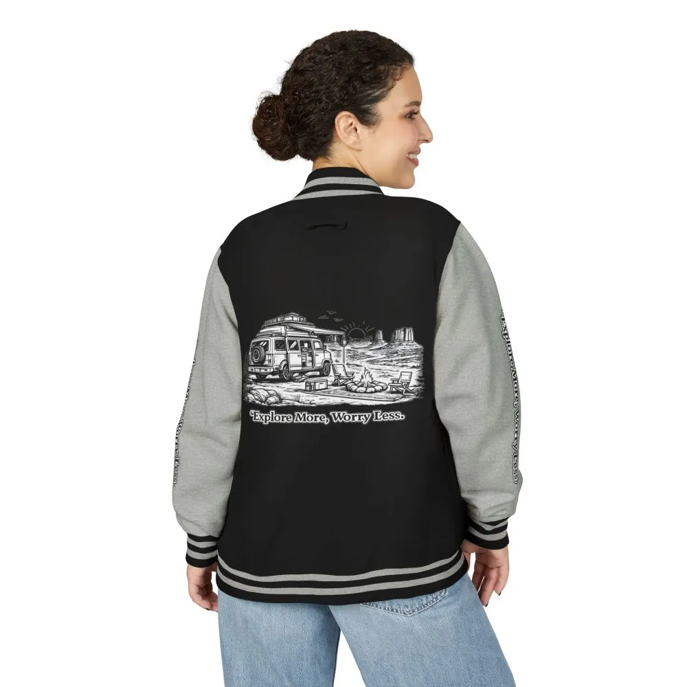 14690229282146958764_2048.jpeg Unisex Heavyweight Letterman Jacket — "Explore More Worry Less" Travel Varsity Coat