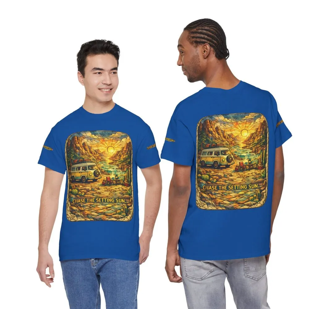 14716422744701486885_2048.jpeg Unisex Heavy Cotton Tee — "Chase The Settings Sun" Design Cubic-Line