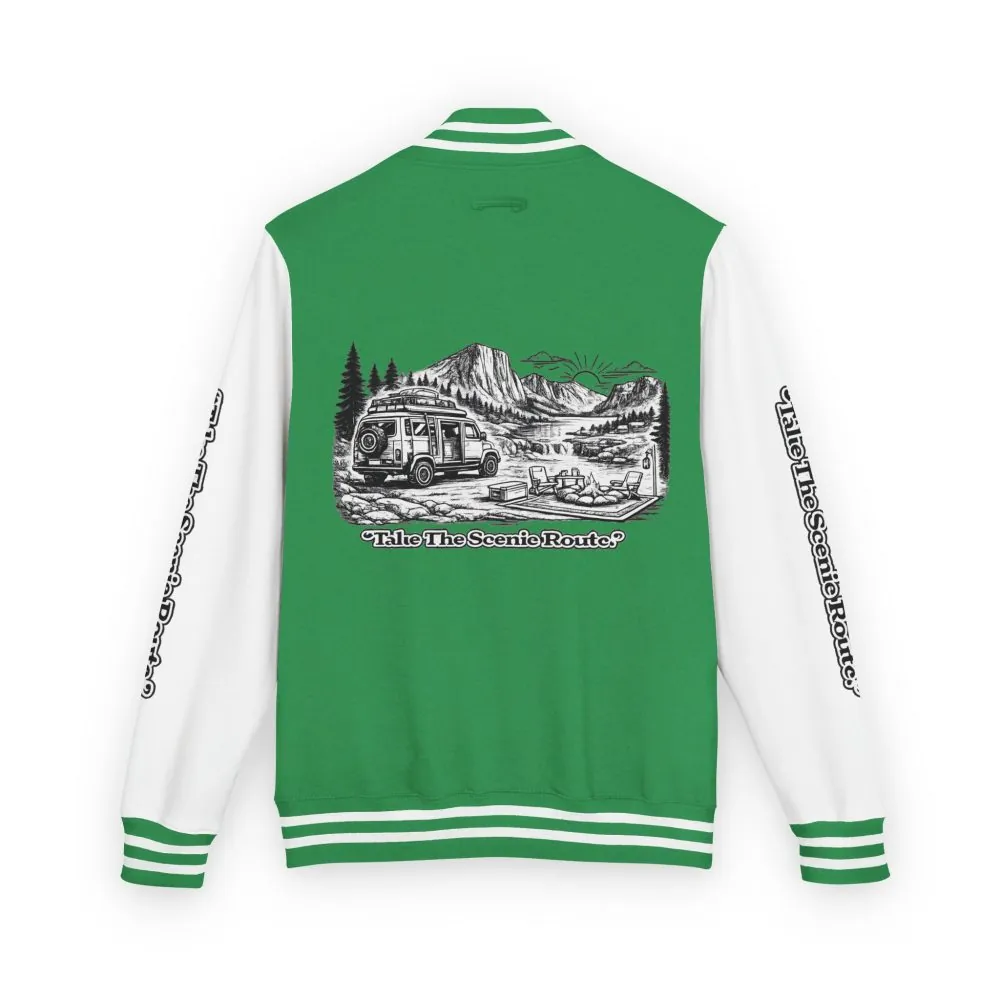 14744996034988235937_2048.jpeg Unisex Heavyweight Letterman Jacket — "Take The Scenic Route" Travel Varsity Coat