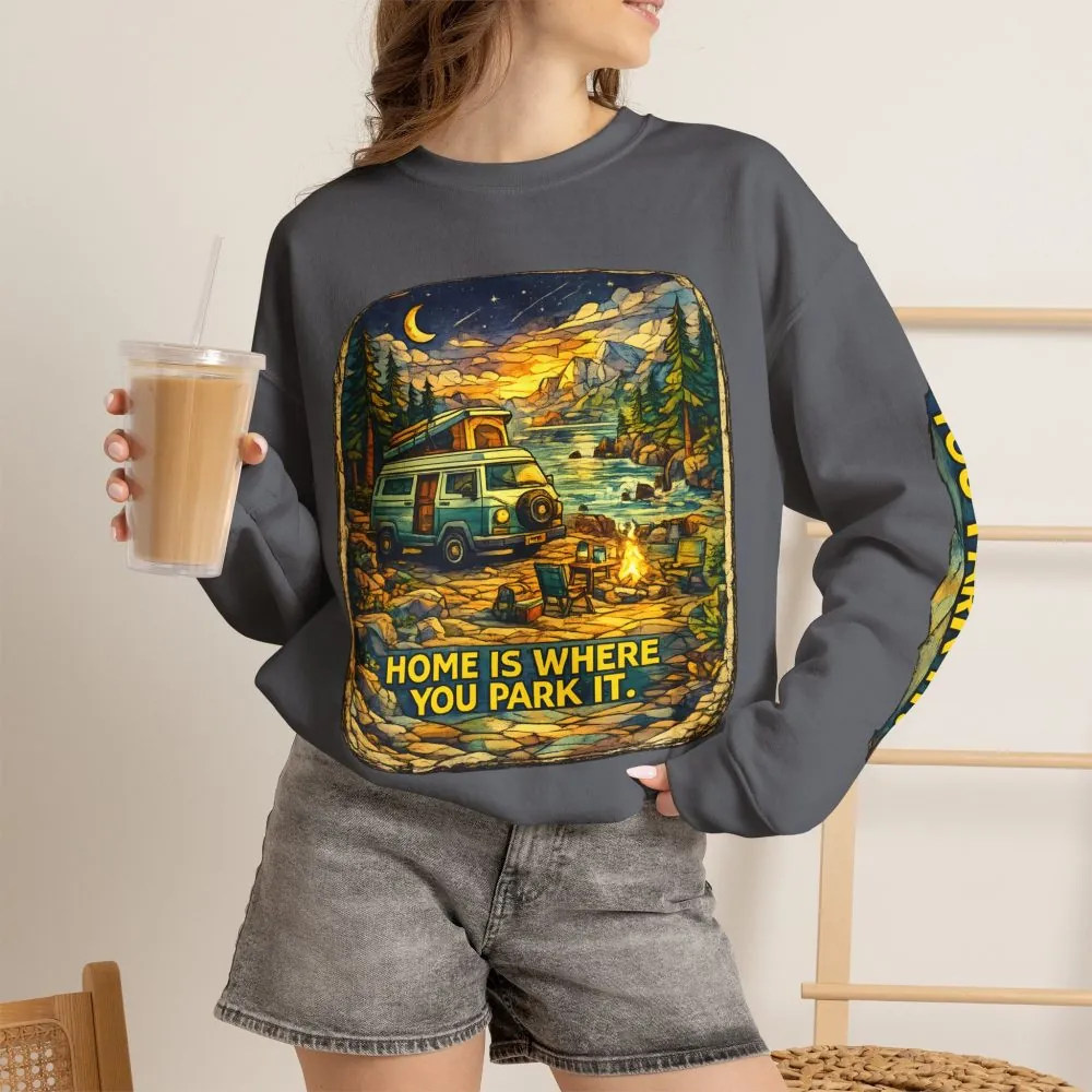 14749757575199831525_2048.jpeg Unisex Heavy Blend™ Crewneck Sweatshirt — "Home Is Where You Park It" Design Cubic-Line