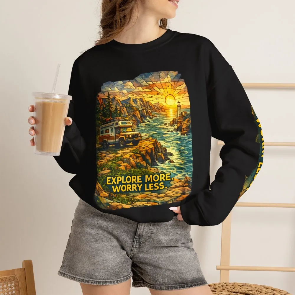 14752909250972144387_2048.jpeg Unisex Heavy Blend™ Crewneck Sweatshirt — "Explore More Worry Less" Design Cubic-Line