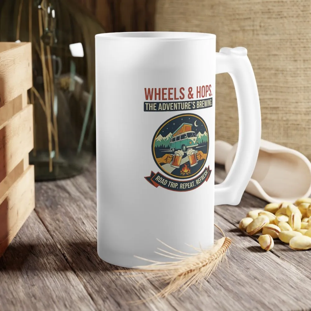 Frosted Glass Beer Mug — Wheels and Hops" Vintage Camping Logo Beer Stein