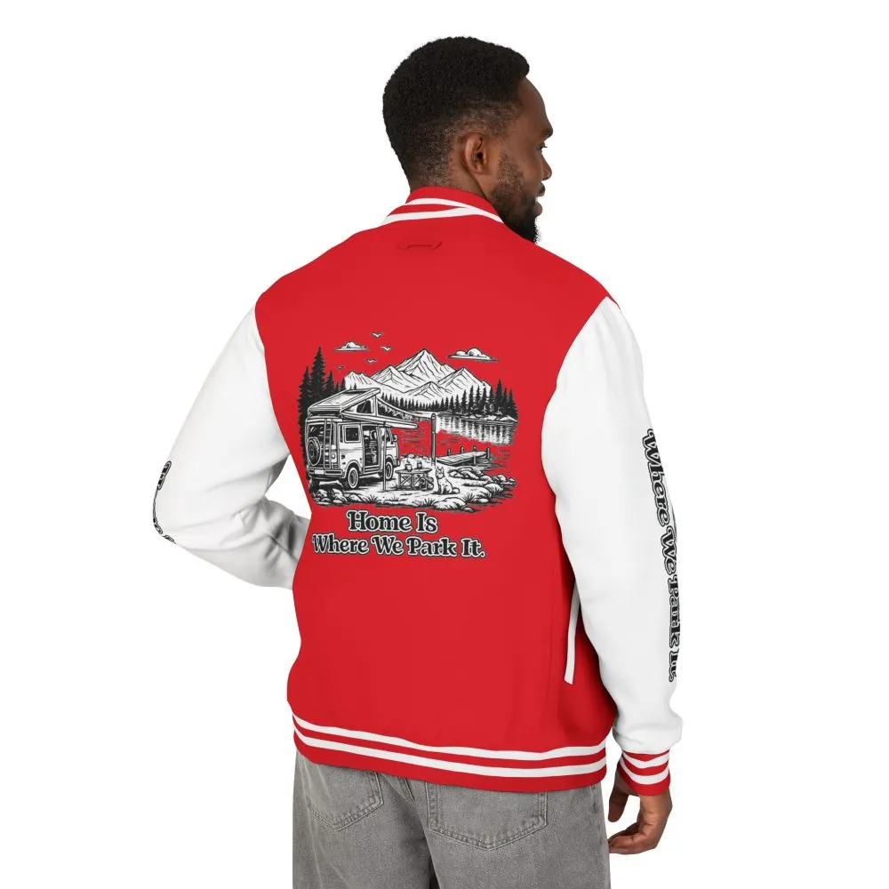 14771670815330873849_2048.jpeg Unisex Heavyweight Letterman Jacket — "Home Is Where You Park It" Travel Varsity Coat