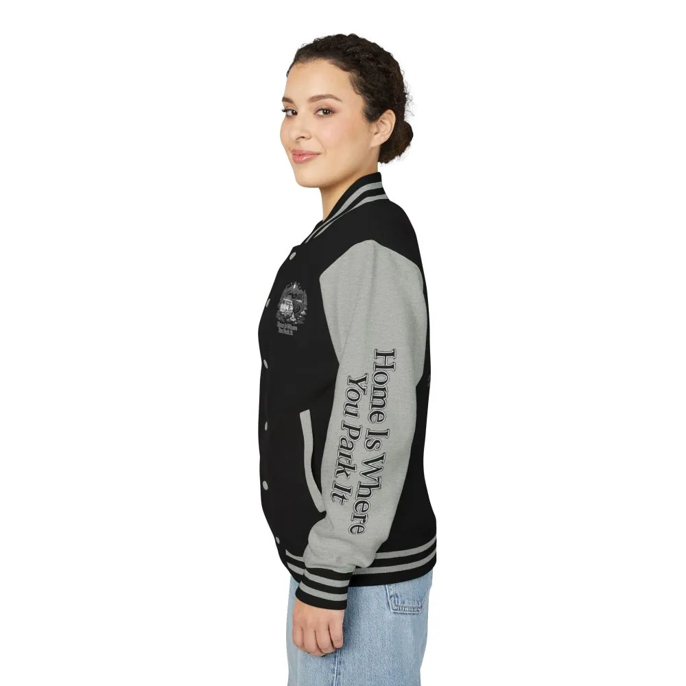14782011152088557431_2048.jpeg Unisex Heavyweight Letterman Jacket — "Home Is Where You Park It" Travel Varsity Coat