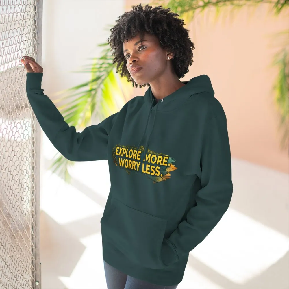Three-Panel Fleece Hoodie - "Explore More Worry Less" Design Cubic-Line