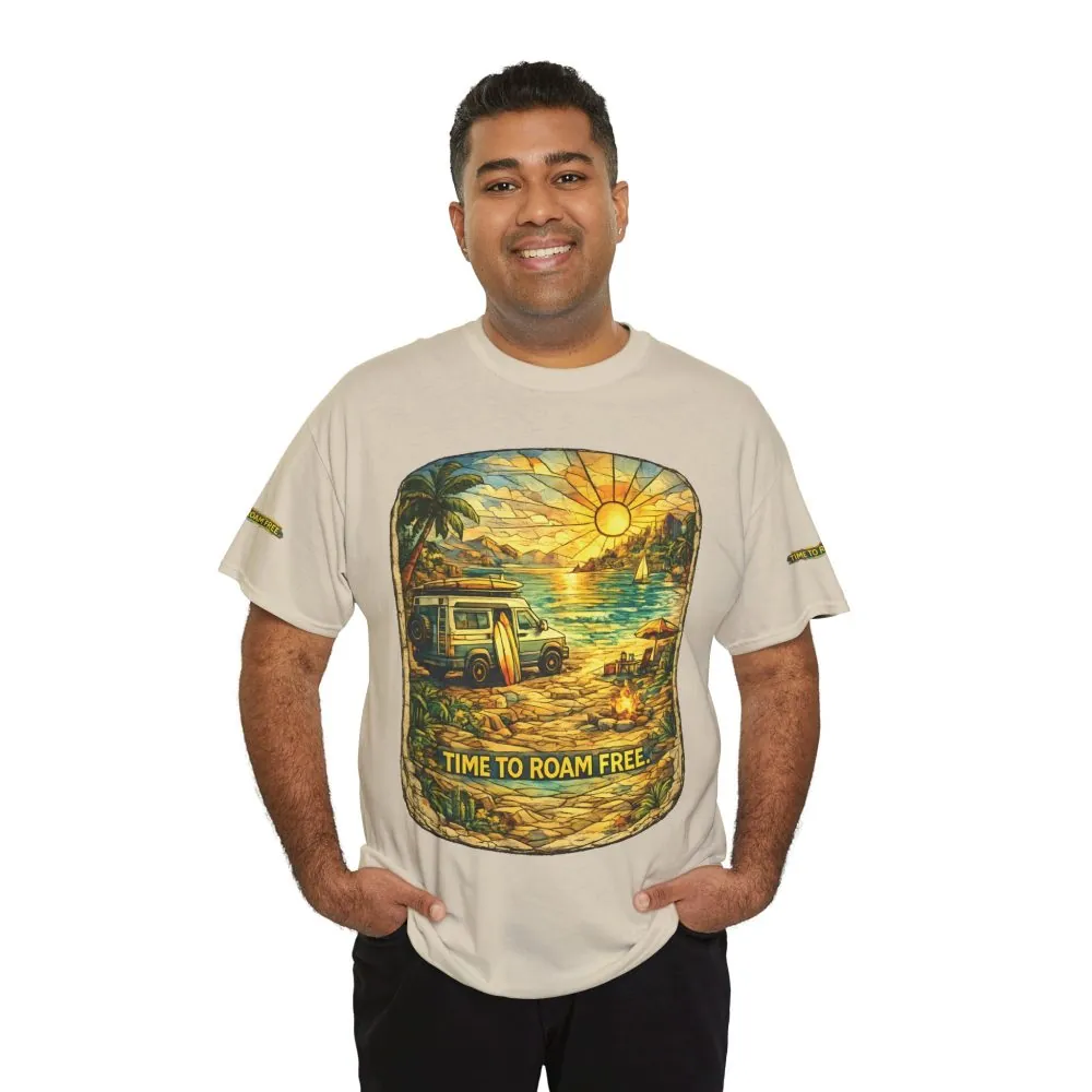 Unisex Heavy Cotton Tee — "Time To Roam Free" Design Cubic-Line