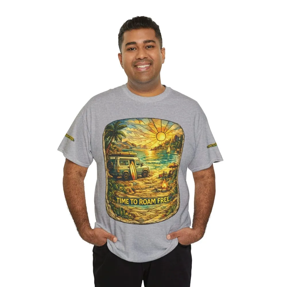 Unisex Heavy Cotton Tee — "Time To Roam Free" Design Cubic-Line