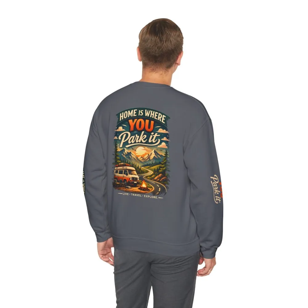 Unisex Heavy Blend™ Crewneck Sweatshirt — "Home Is Where You Park It" Design Scenic-Line