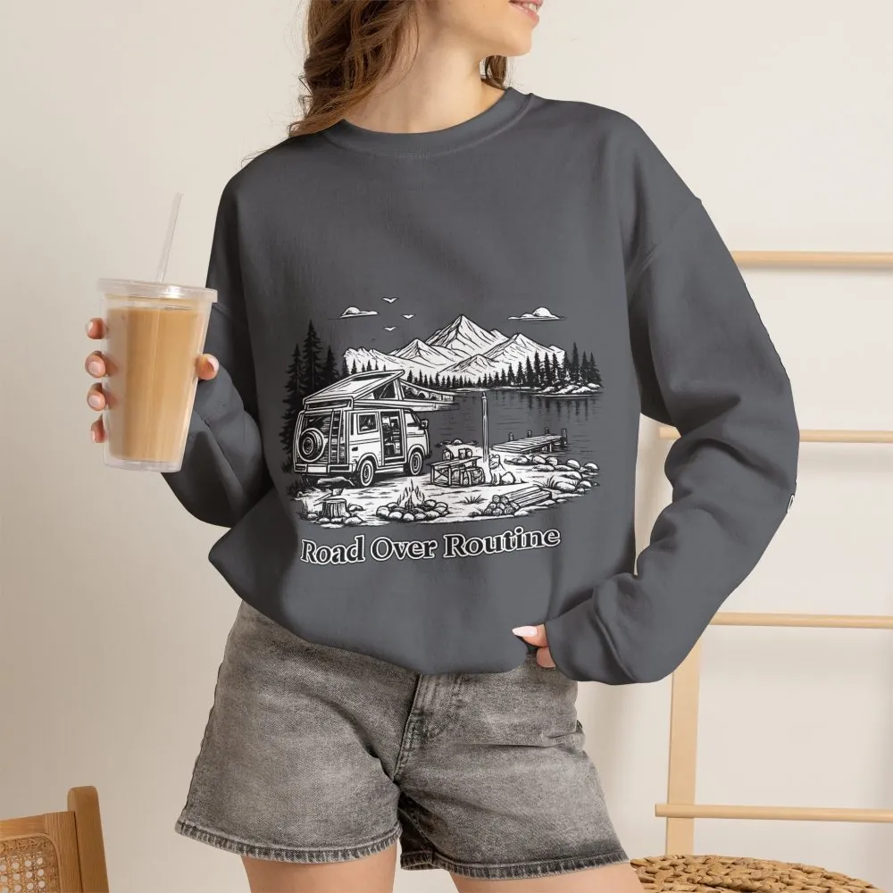 Unisex Heavy Blend™ Crewneck Sweatshirt — "Road Over Routine" Design Minimal-Line