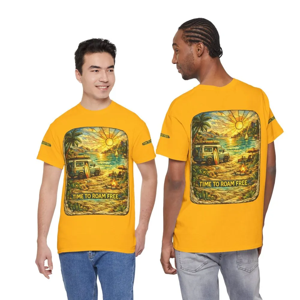 Unisex Heavy Cotton Tee — "Time To Roam Free" Design Cubic-Line