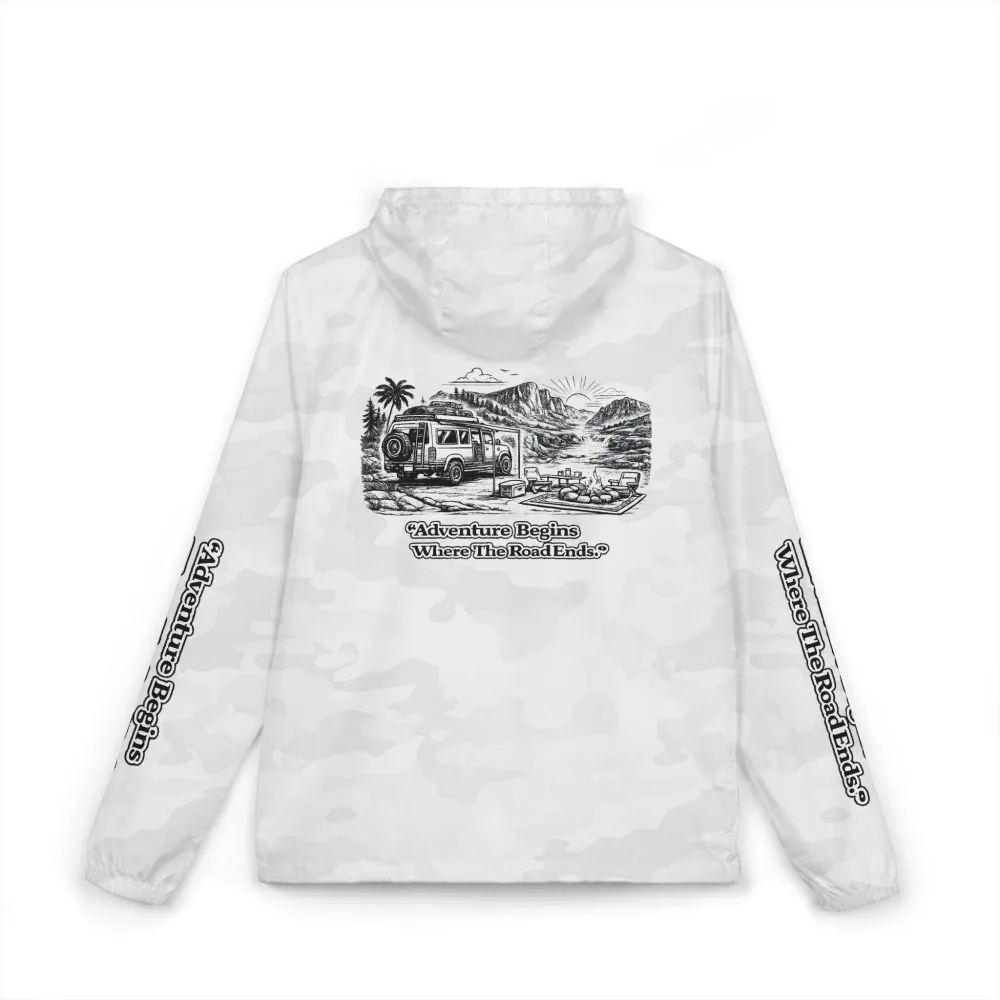 Unisex Full-Zip Windbreaker Jacket — "Adventure Begins Where Roads End" (Design "Minimal-Line")