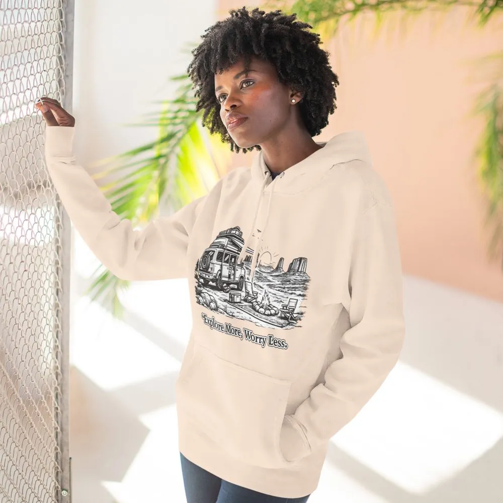 Three-Panel Fleece Hoodie - "Explore More Worry Less" Design Minimal-Line