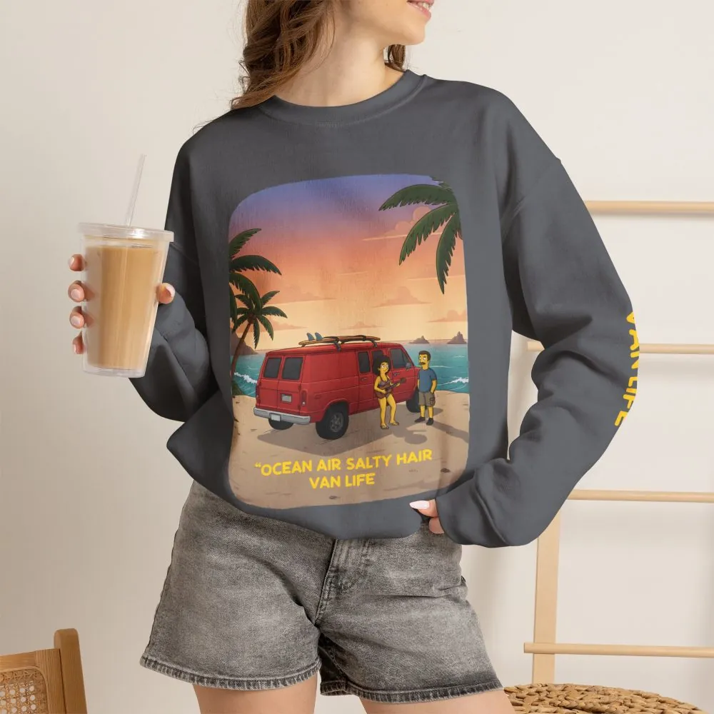 Unisex Heavy Blend™ Crewneck Sweatshirt — "Ocean Air Salty Hair Van Life" Design Sitcom-Line