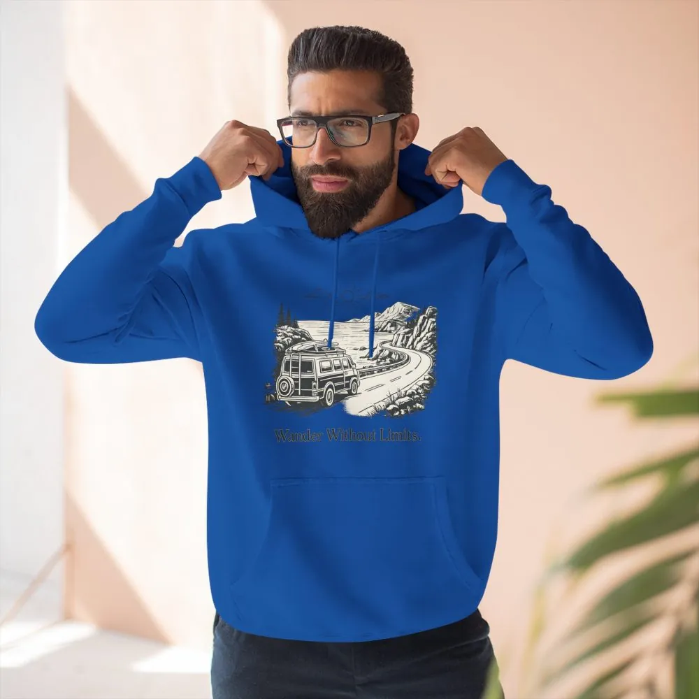 Three-Panel Fleece Hoodie - "Wander Without Limits" Design Minimal-Line