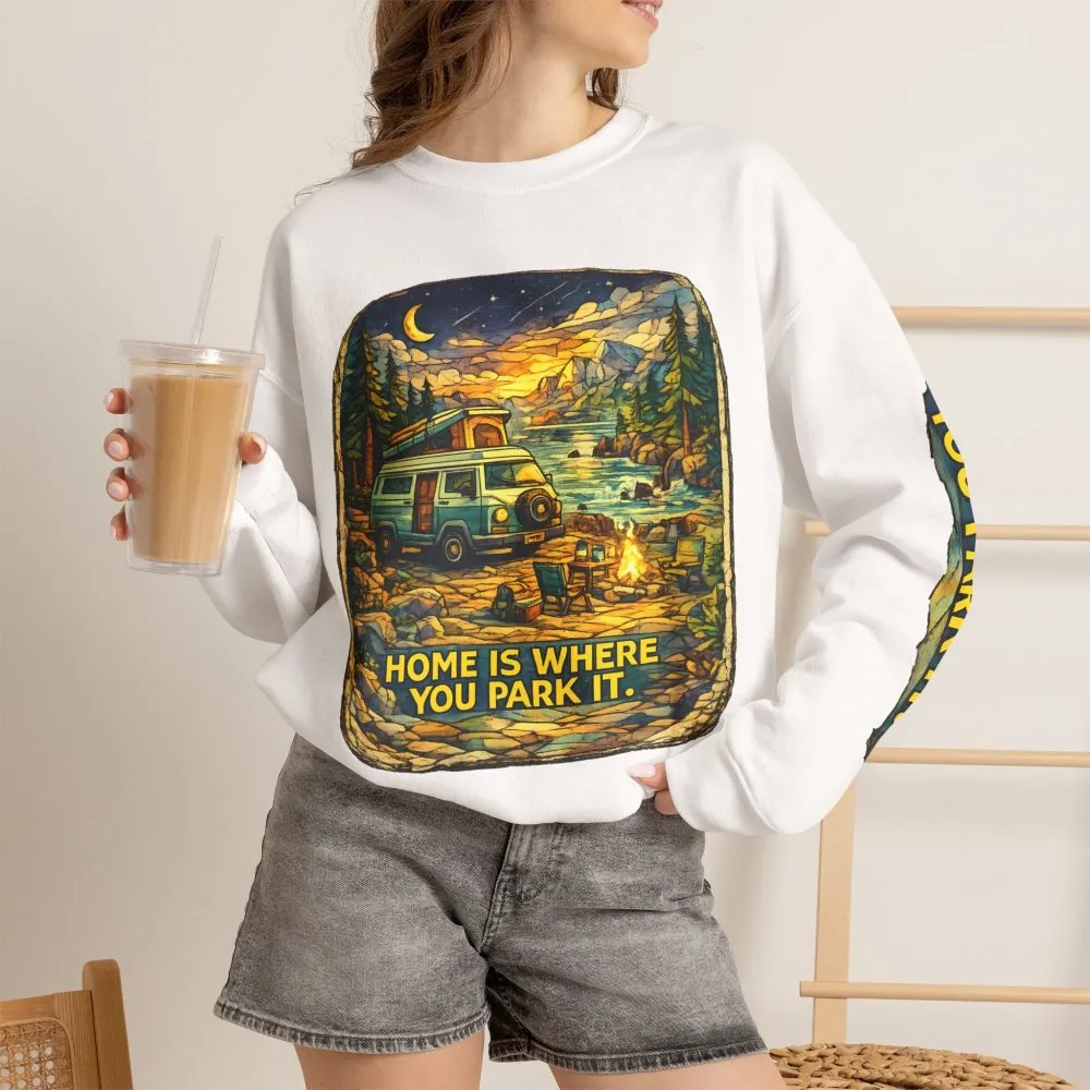 14958511705746810439_2048.jpeg Unisex Heavy Blend™ Crewneck Sweatshirt — "Home Is Where You Park It" Design Cubic-Line