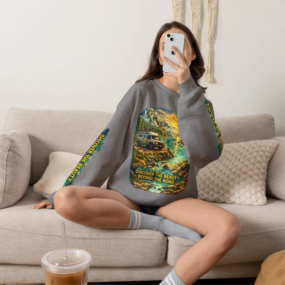 Unisex Heavy Blend™ Crewneck Sweatshirt — "Discover The Bieuty Beyond The Road" Design Cubic-Line