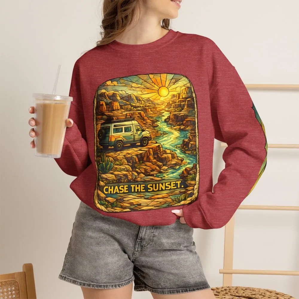 Unisex Heavy Blend™ Crewneck Sweatshirt — "Chase The Sunset" Design Cubic-Line