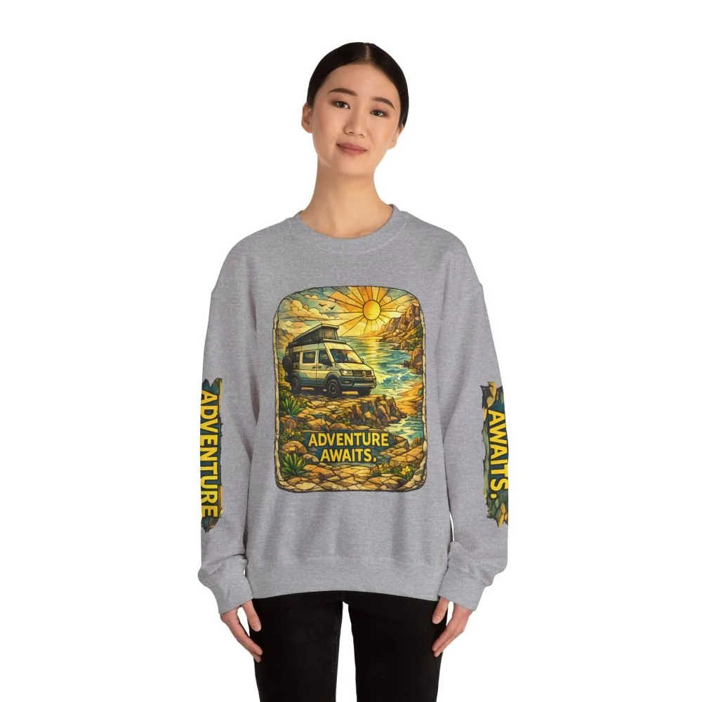 Unisex Heavy Blend™ Crewneck Sweatshirt — "Adventure Awaits" Design Cubic-Line