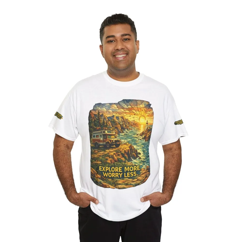 15019900554190724520_2048.jpeg Unisex Heavy Cotton Tee — "Explore More Worry Less" Design Cubic-Line