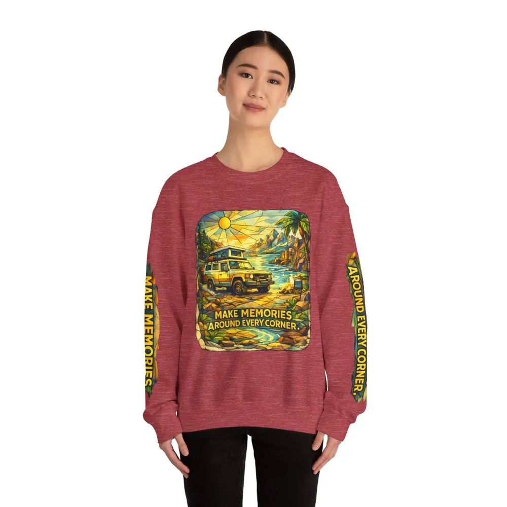 Unisex Heavy Blend™ Crewneck Sweatshirt — "Make Memories Around Every Corner" Design Cubic-Line