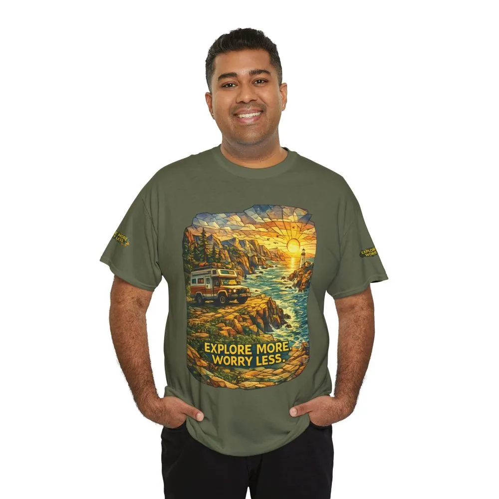 15025448523475401694_2048.jpeg Unisex Heavy Cotton Tee — "Explore More Worry Less" Design Cubic-Line