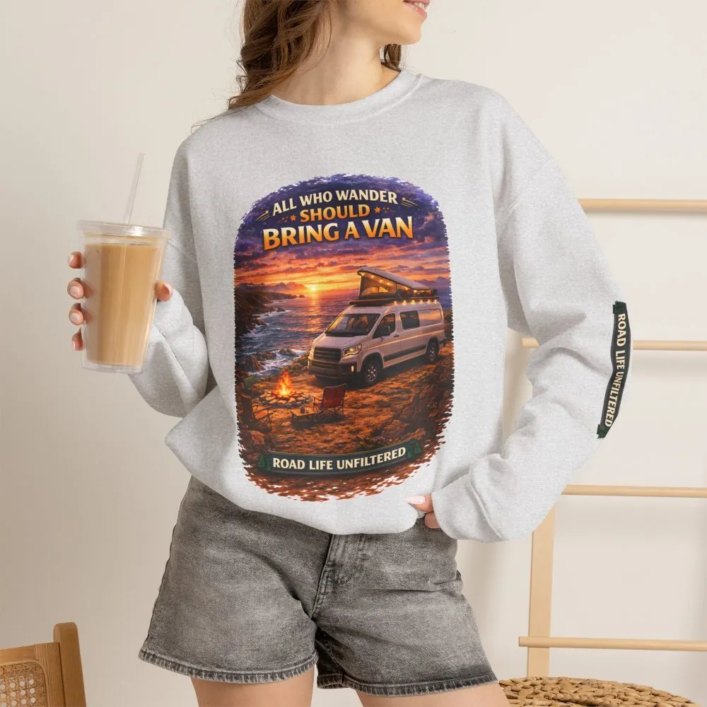15070415461177492353_2048.jpeg Unisex Heavy Blend™ Crewneck Sweatshirt — "All Who wander Should Bring A Van" Design Scenic-Line