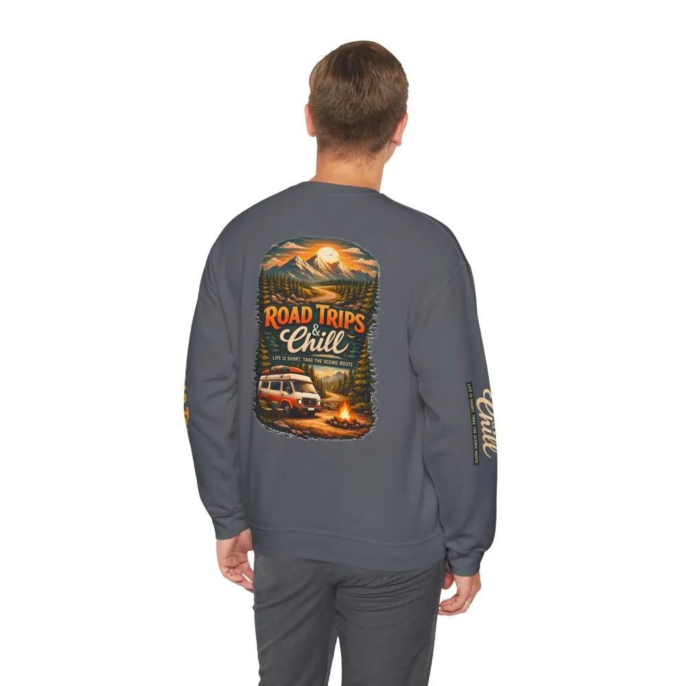 Unisex Heavy Blend™ Crewneck Sweatshirt — "Road Trips & Chill" Design Scenic-Line