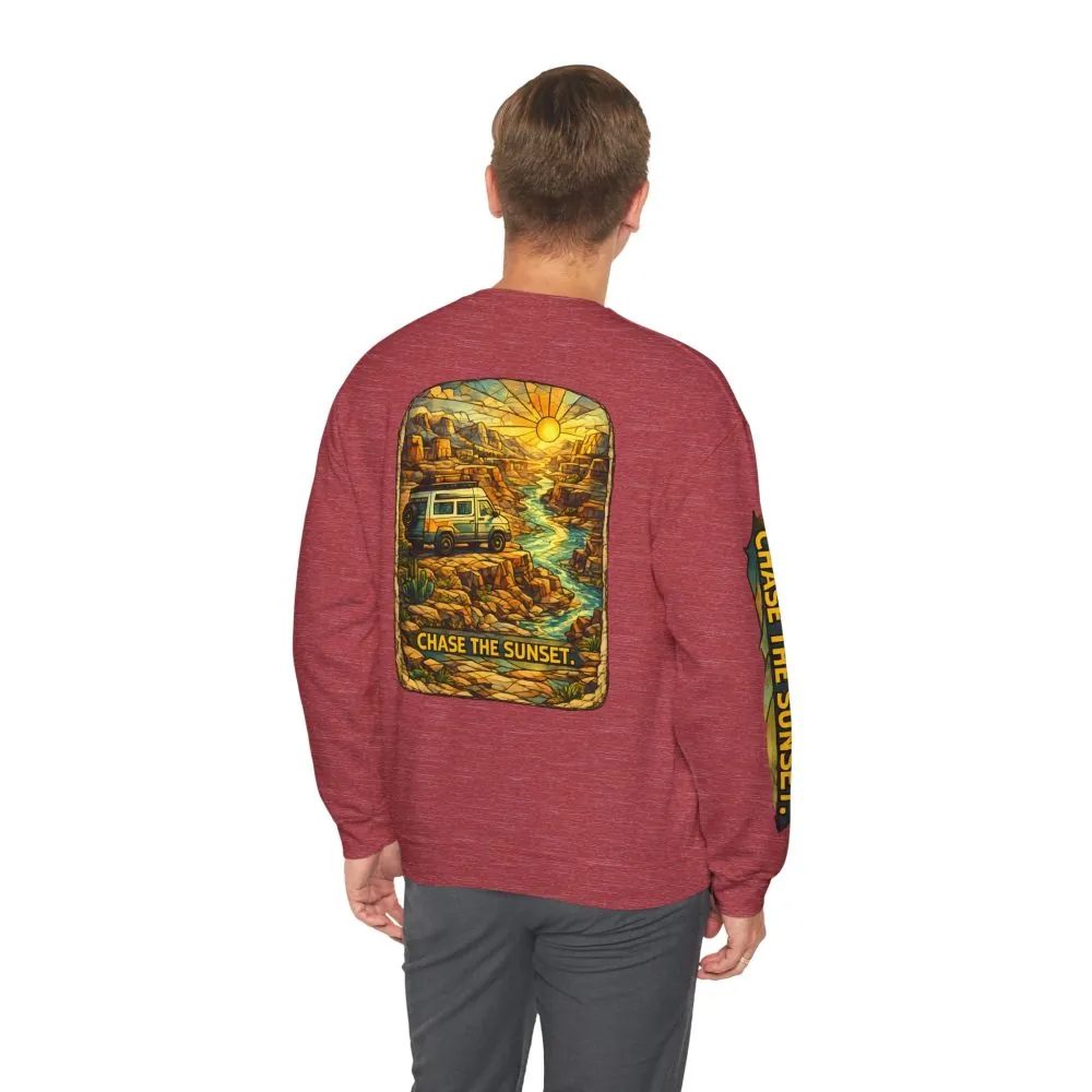 Unisex Heavy Blend™ Crewneck Sweatshirt — "Chase The Sunset" Design Cubic-Line