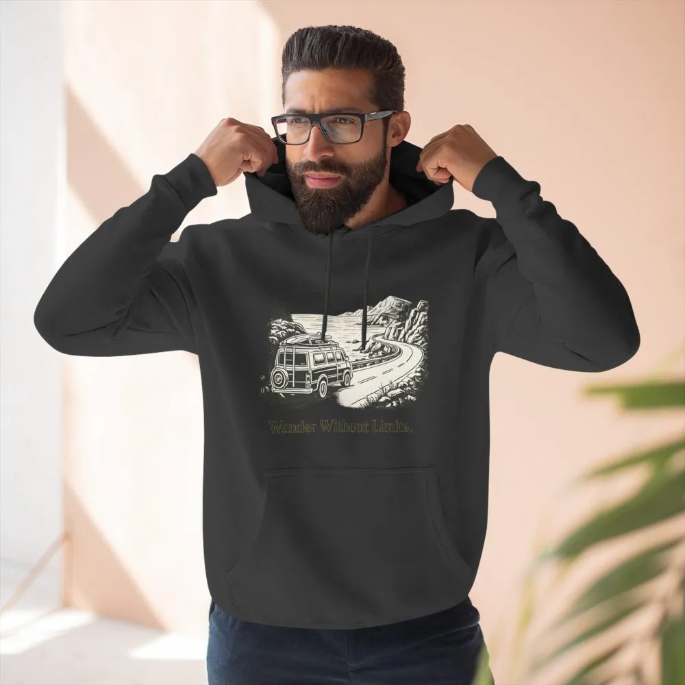 Three-Panel Fleece Hoodie - "Wander Without Limits" Design Minimal-Line