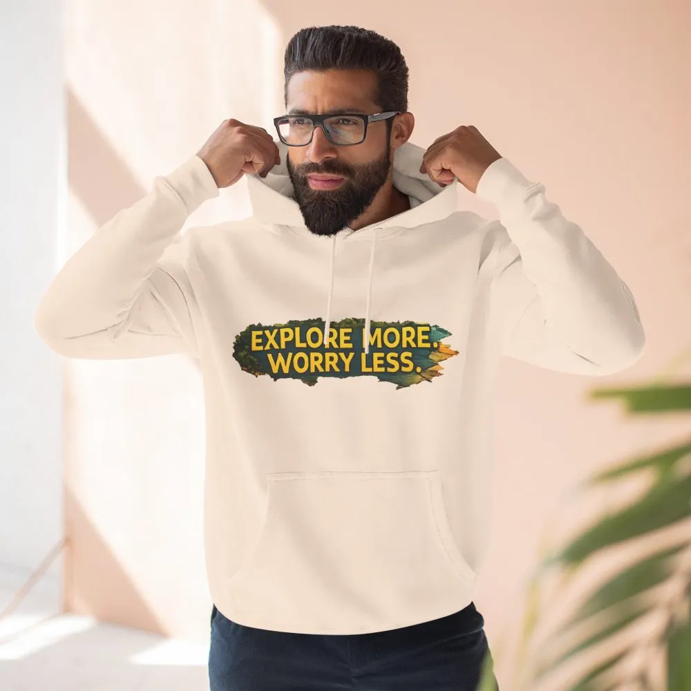 Three-Panel Fleece Hoodie - "Explore More Worry Less" Design Cubic-Line