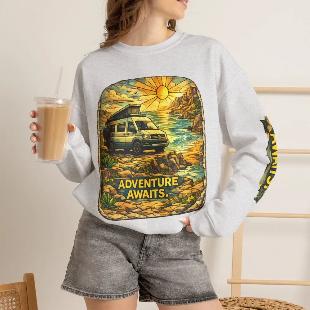 Unisex Heavy Blend™ Crewneck Sweatshirt — "Adventure Awaits" Design Cubic-Line