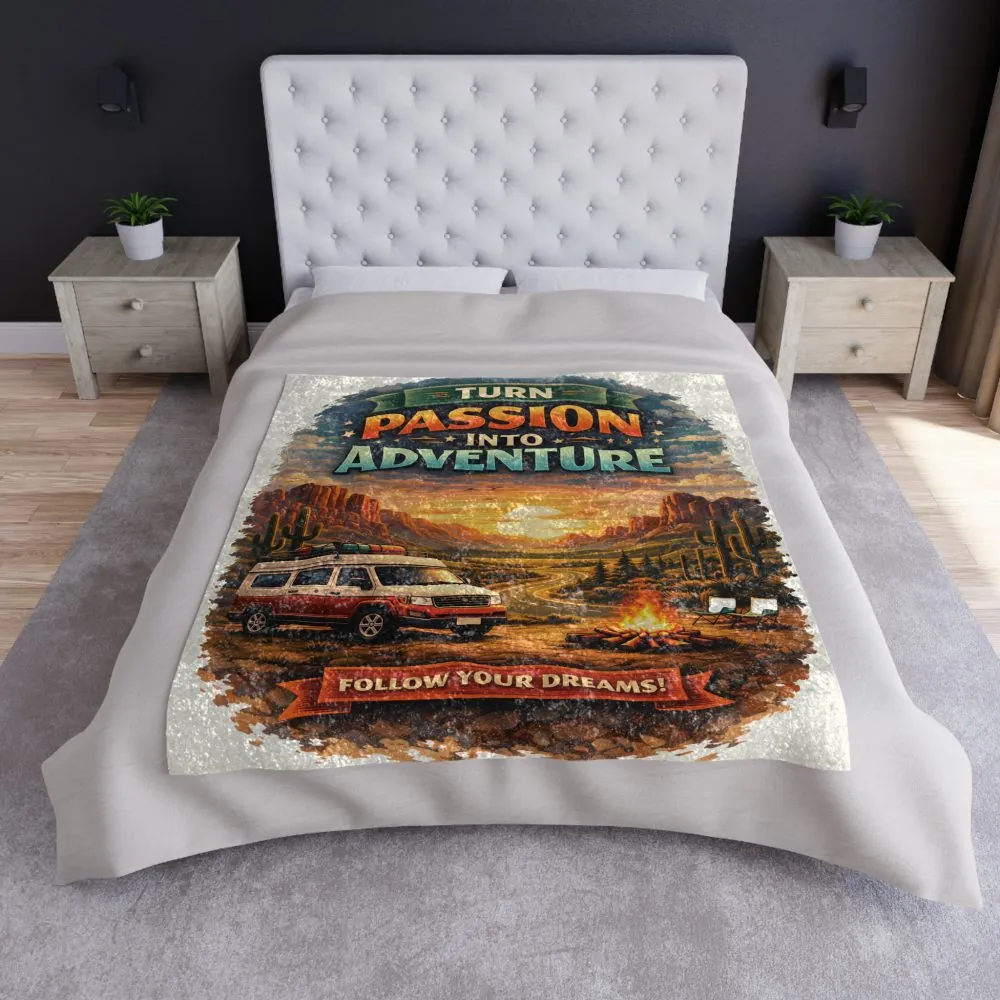 Crushed Velvet Blanket —"Turn Passion Into Adventure" Design Scenic-Line (Campervan)