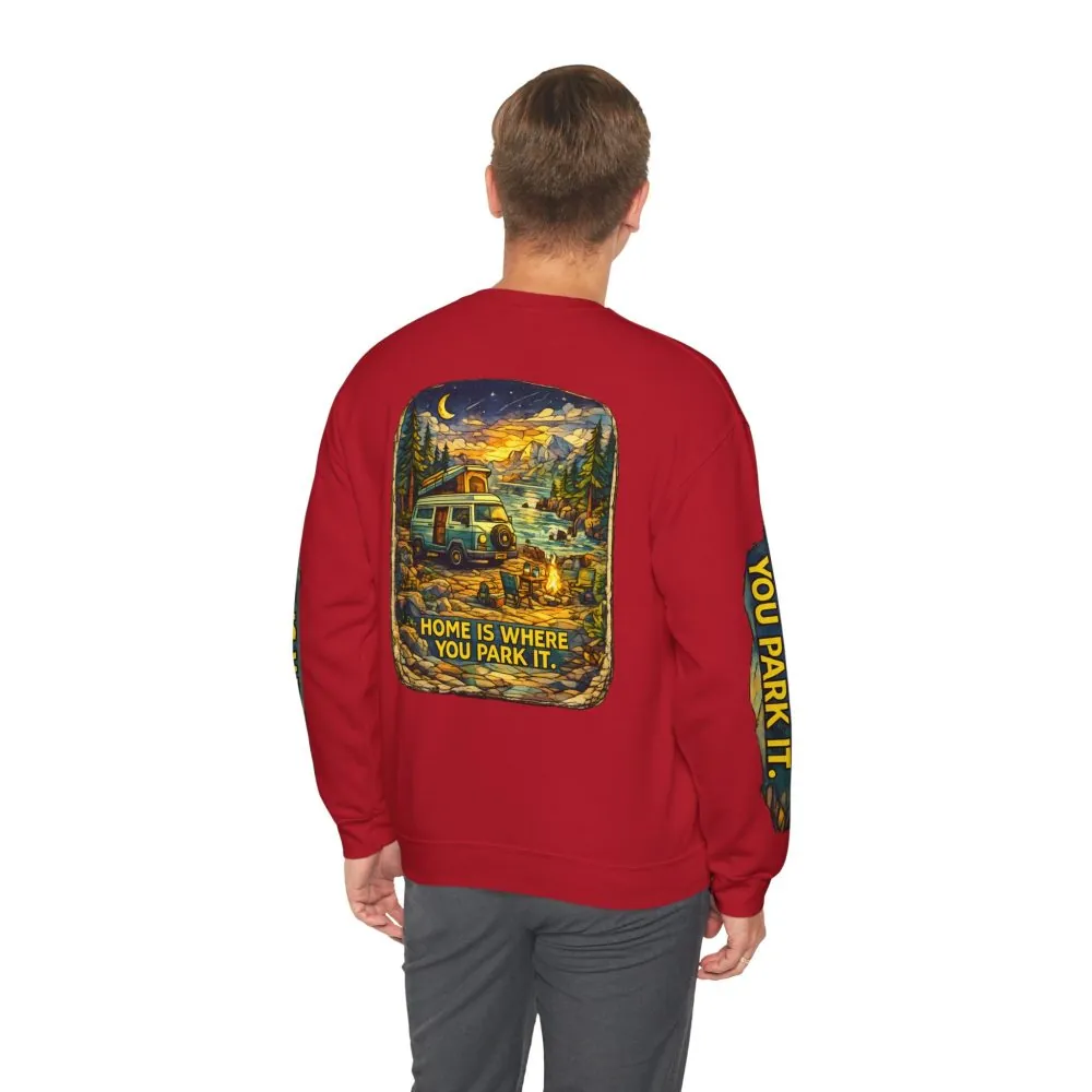 15182794533375236143_2048.jpeg Unisex Heavy Blend™ Crewneck Sweatshirt — "Home Is Where You Park It" Design Cubic-Line
