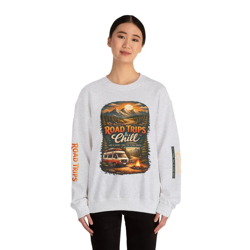 Unisex Heavy Blend™ Crewneck Sweatshirt — "Road Trips & Chill" Design Scenic-Line