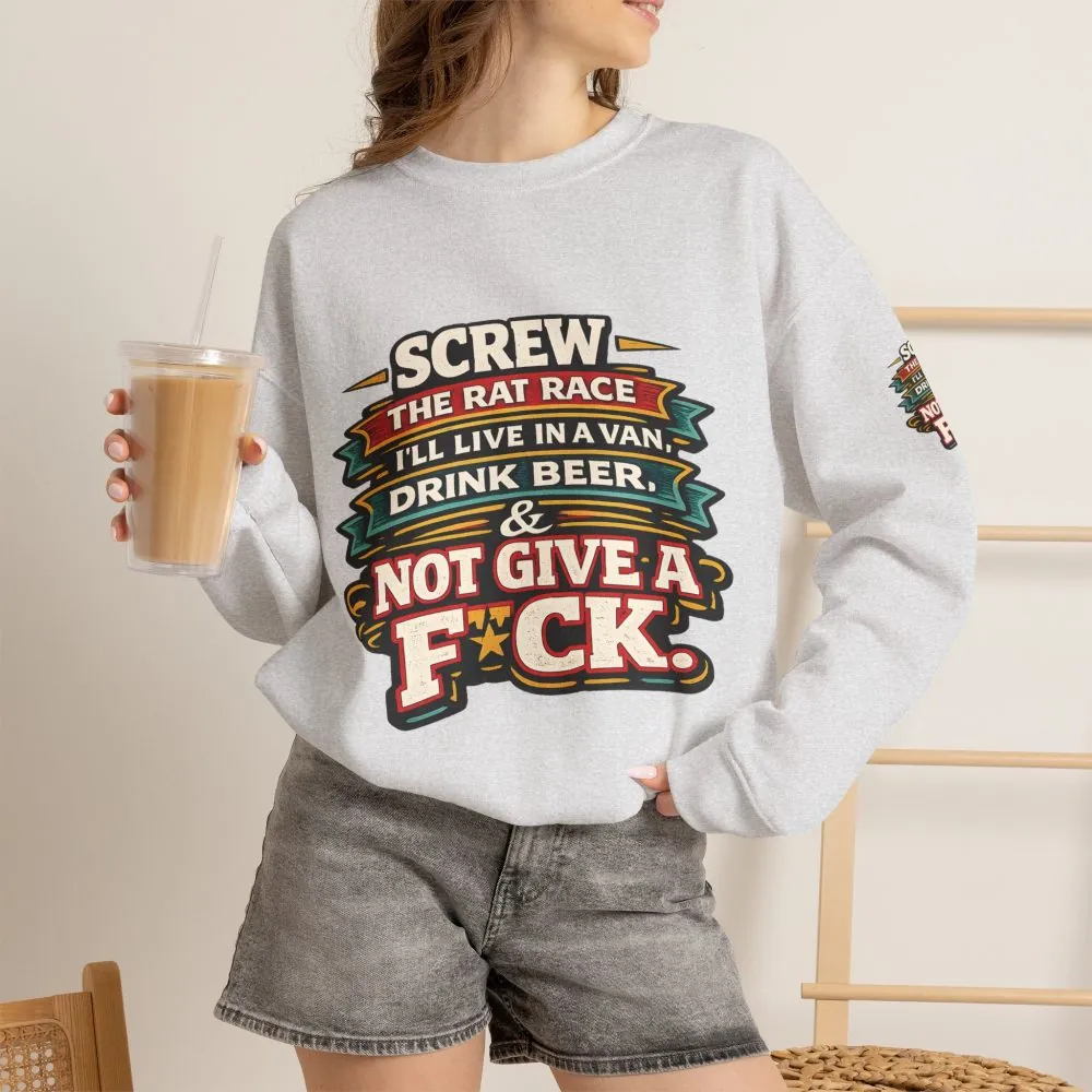 Unisex Heavy Blend™ Crewneck Sweatshirt — "Screw The Rat Race" Design F**K-Line