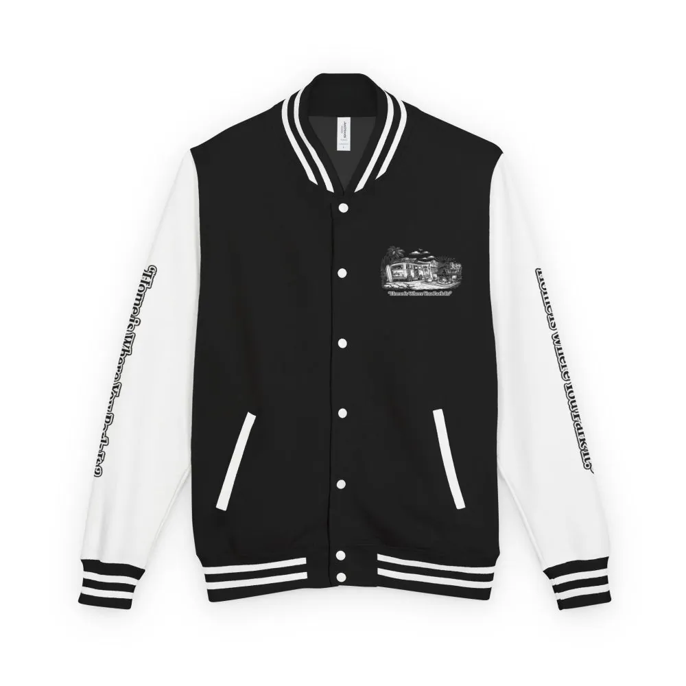 15211513534307778951_2048.jpeg Unisex Heavyweight Letterman Jacket — "Home Is Where You Park It" Travel Varsity Coat