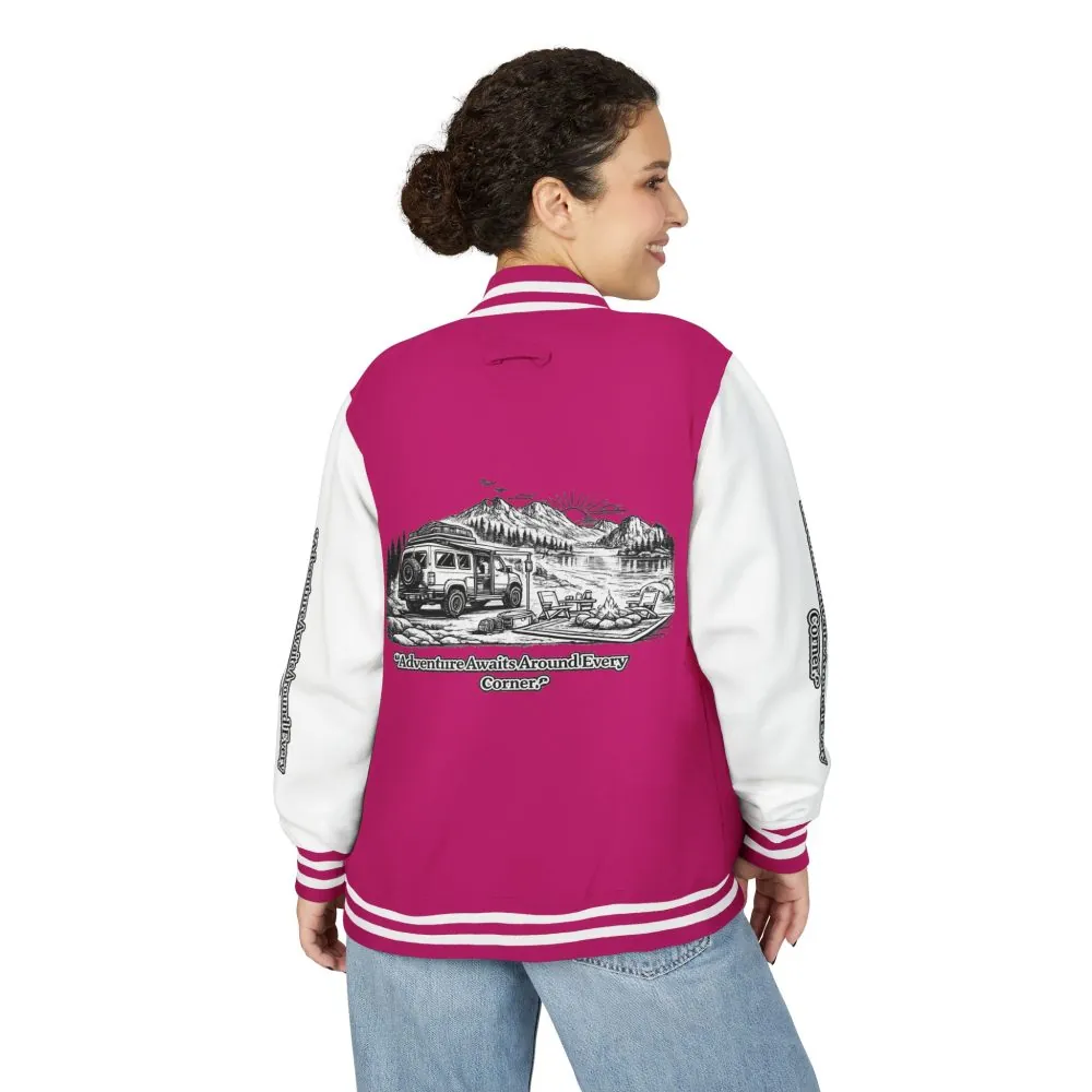 15213688649374014735_2048.jpeg Unisex Heavyweight Letterman Jacket — "Adventure Awaits Around Every Corner" Travel Varsity Coat